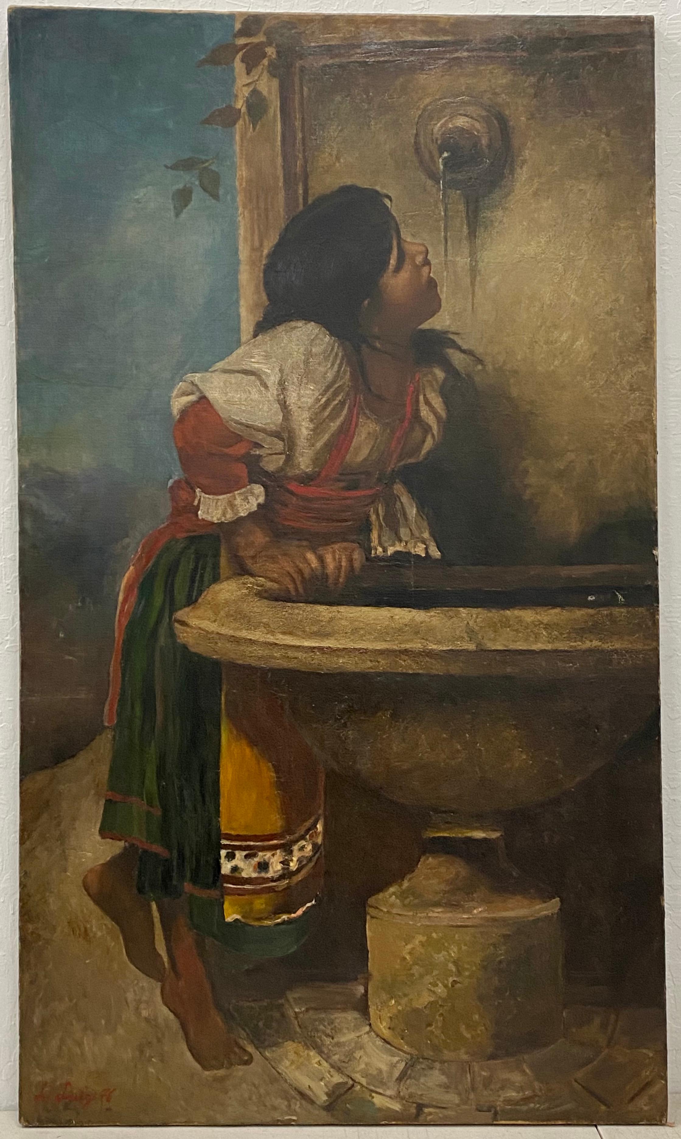 Unknown Figurative Painting - Roman Girl At Fountain After Leon Bonnat by L. Luige c.1876