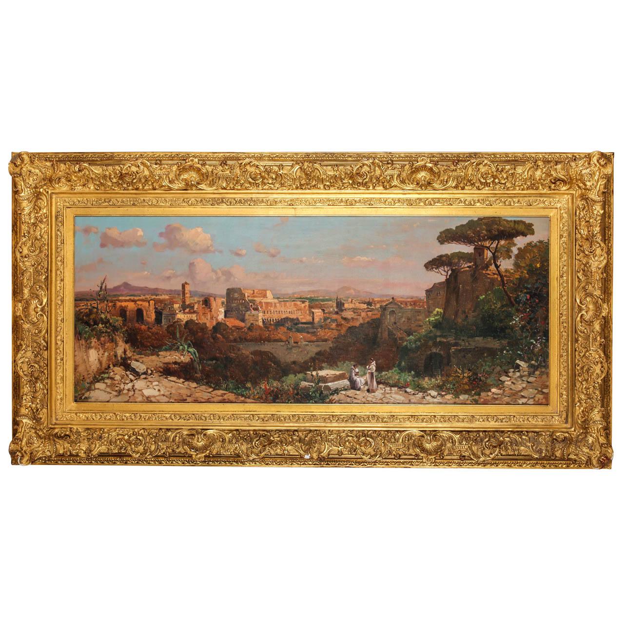 A fine Roman landscape oil on canvas depicting the Colosseum and the Via Sacra.  The scene is full of characters and architectural elements and captures the magic light of Rome. signed 