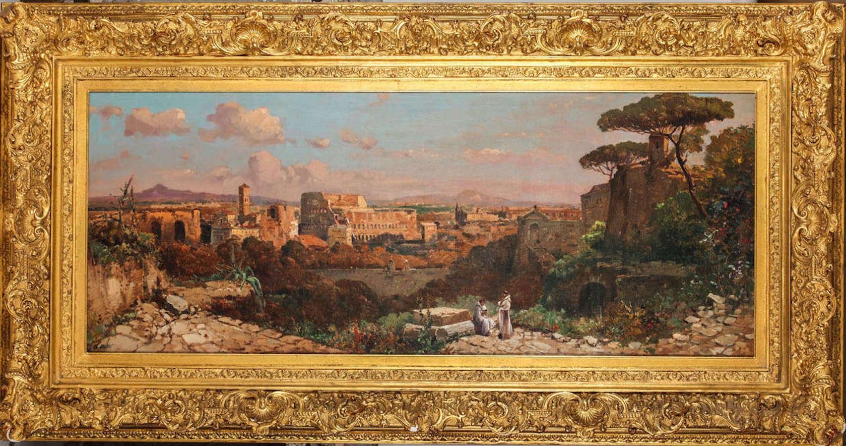 Unknown Landscape Painting - Roman Landscape Depicting the Colosseum and the Via Sacra Oil on Canvas 