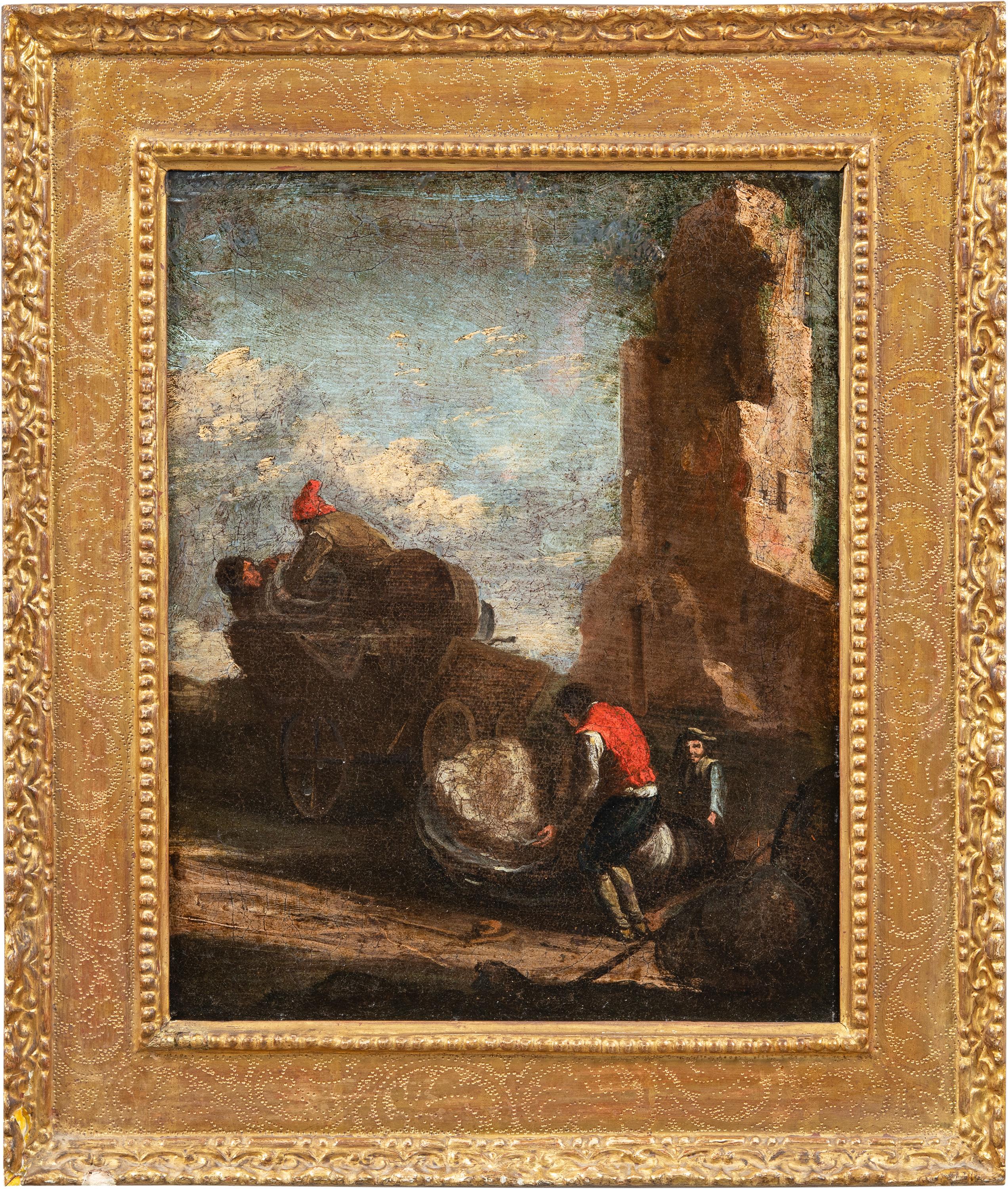 Unknown Figurative Painting - Antique Roman painter - 18th century landscape painting - Wanderers - Italy
