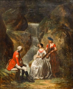 Romantic 19th Century Oil - Encounter by the Waterfall