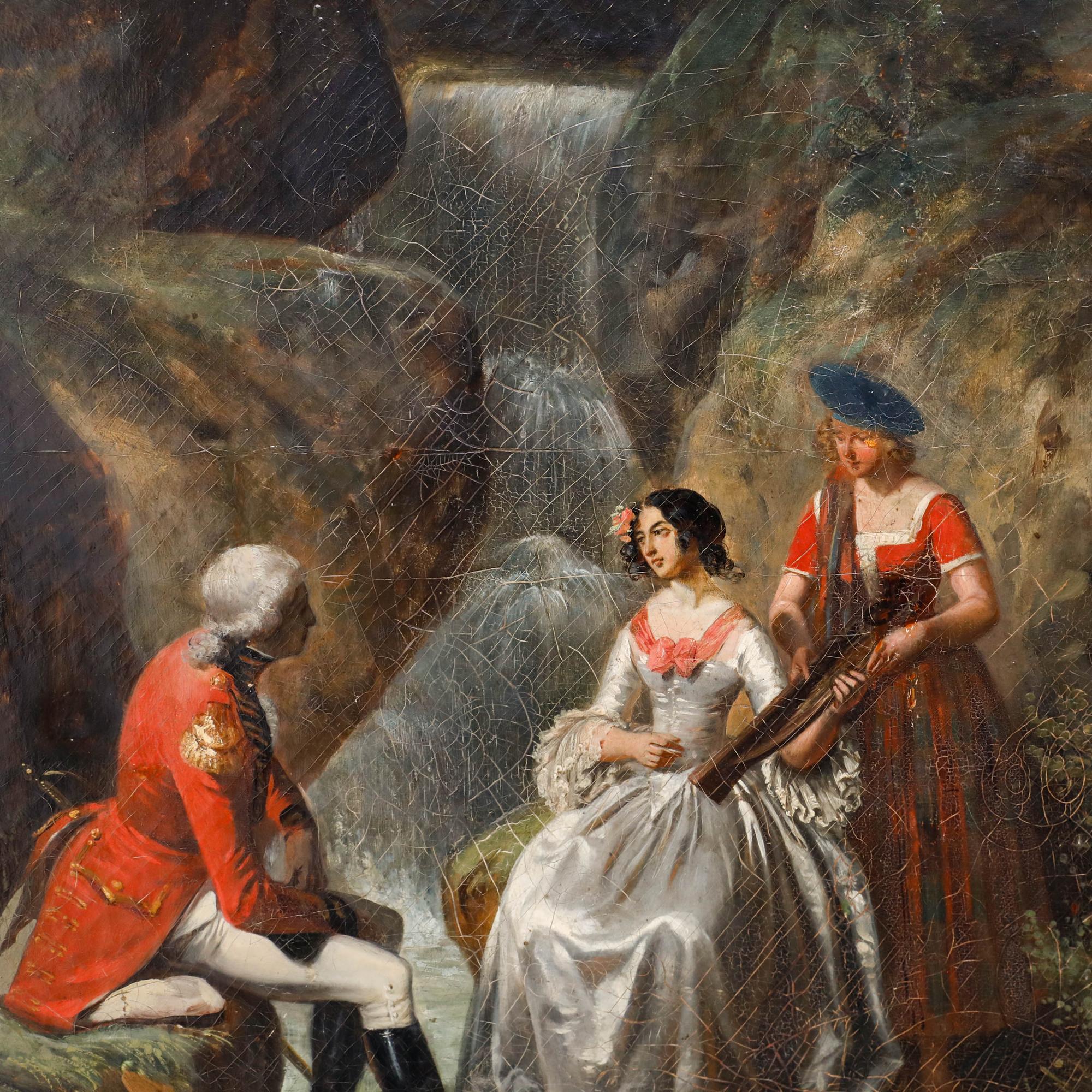 A romantic 19th-century oil painting depicting a nobleman courting a lady of high standing beside a waterfall. The noblewoman's lady-in-waiting presents her with a small harp as she prepares to serenade her suitor. Unsigned. Handsomely presented in