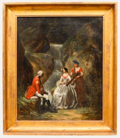 Romantic 19th Century Oil - Encounter by the Waterfall