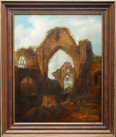 Antique Romantic Abbey Ruins, Haughmond - British art 19thC religious oil painting