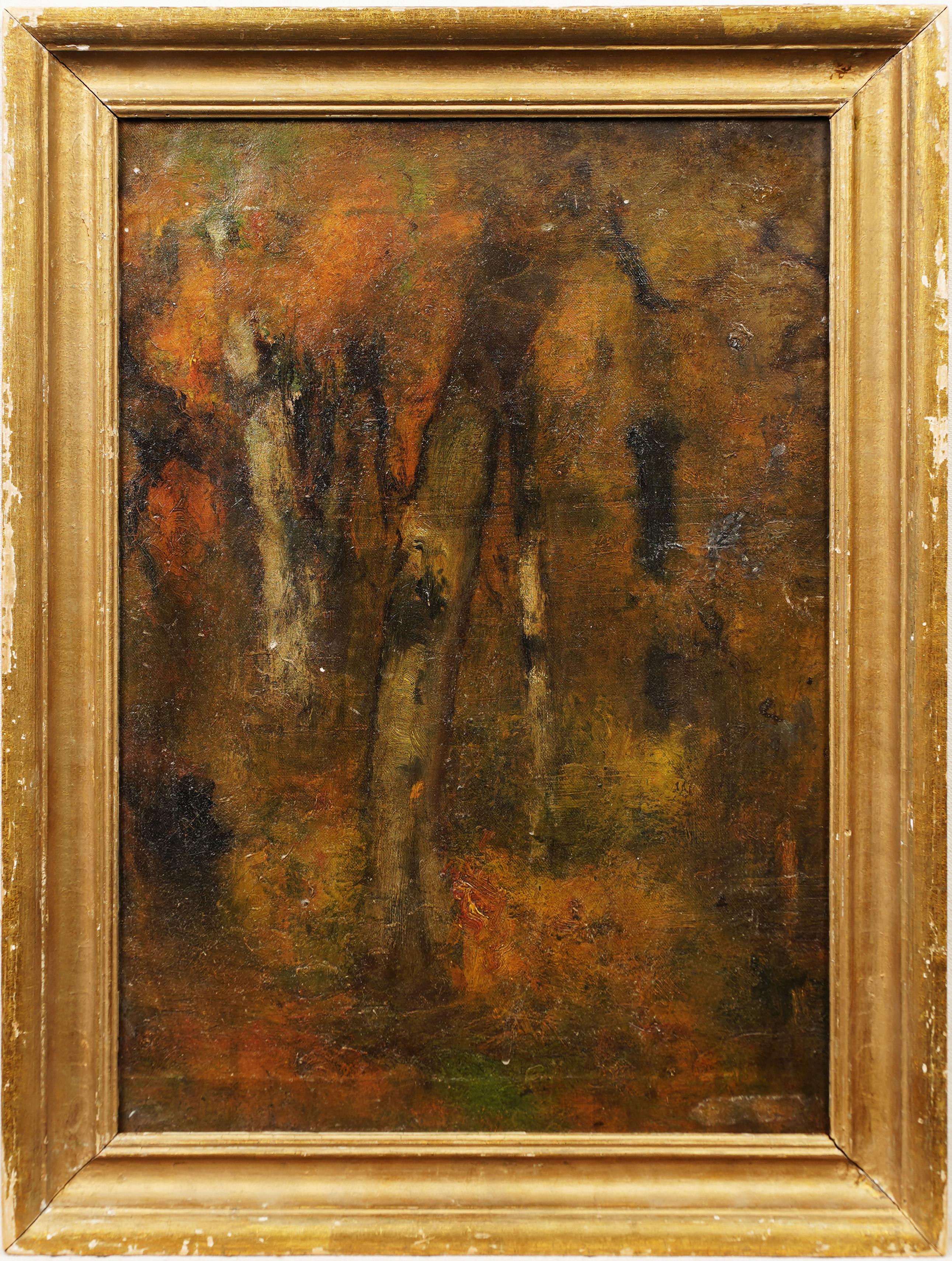 Romantic American School Fall Forest Interior Impressionist Framed Oil Painting - Brown Landscape Painting by Unknown