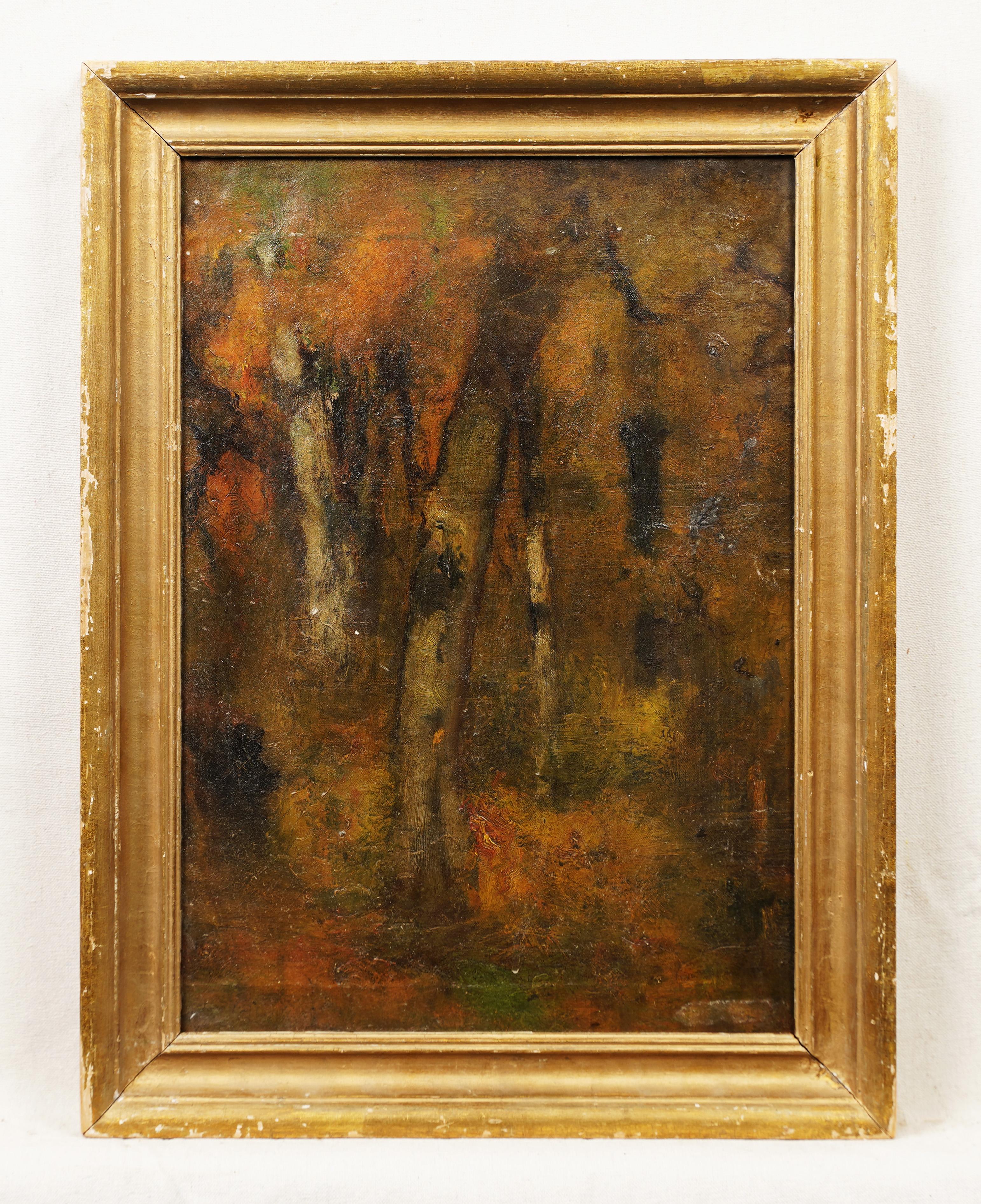 Antique American impressionist fall forest oil painting.  Oil on canvasboard.   Finely painted and housed in a period giltwood frame.