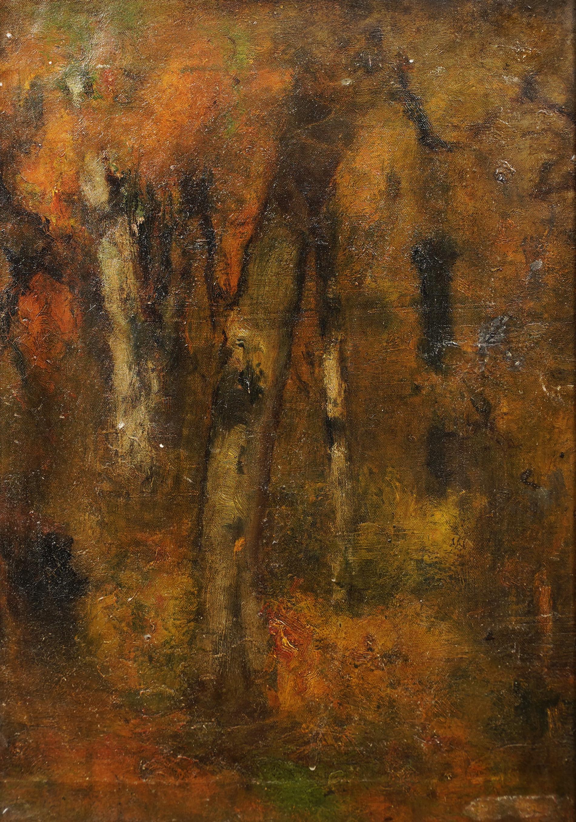 Romantische amerikanische Schule Herbst Wald Interieur Impressionist gerahmte Ölgemälde (Braun), Landscape Painting, von Unknown