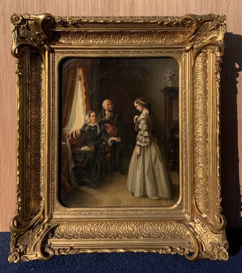 Romantic French Painter - 19th century figure painting - Gallant interior  - Painting by Unknown