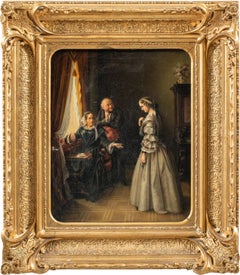 Antique Romantic French Painter - 19th century figure painting - Gallant interior 