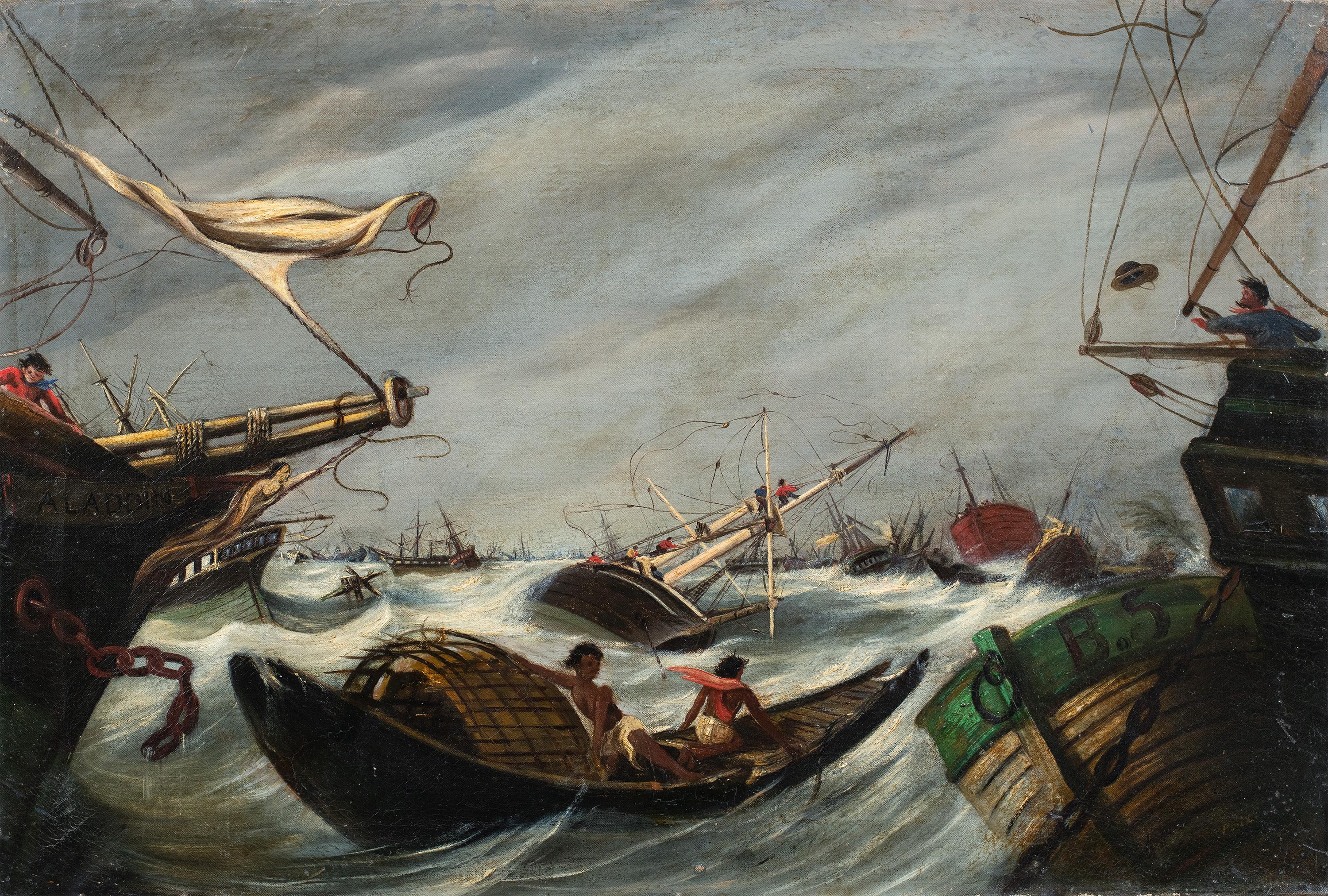 Figurative Painting de Unknown - Pintor romántico francés - Pintura paisajista del siglo XIX - Mar tormentoso