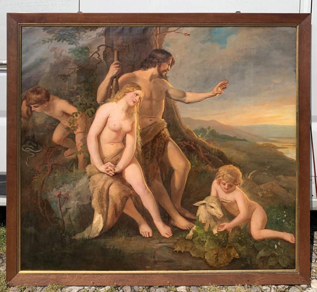 Pittore romantico francese - Pittura di figura del primo Ottocento - Adams ed Eva - Figurative Painting Marrone di Unknown