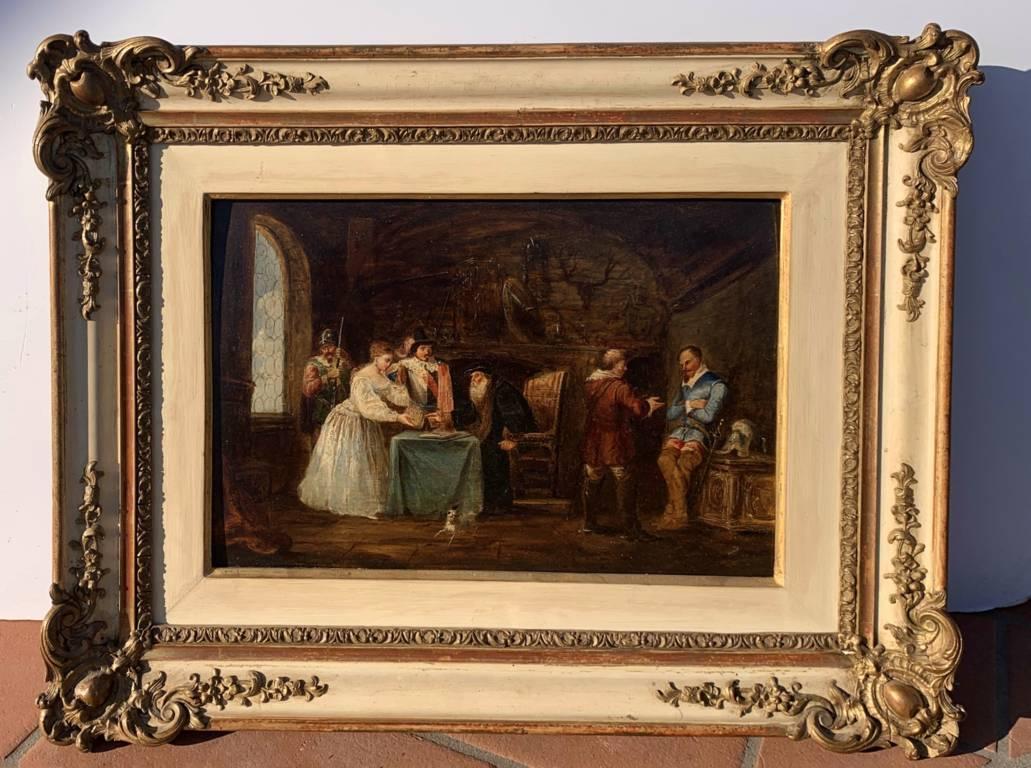 Italian painter (dated 1853) - Historical interior scene.

29.5 x 43 cm without frame, 50 x 65 cm with frame.

Antique oil painting on panel, in a contemporary carved wooden frame, lacquered in white and gilded.

- Work signed and dated lower left: