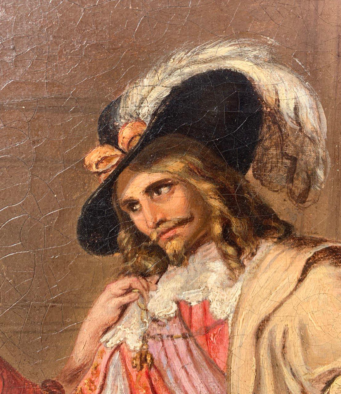 Romantic Italian painter - 19th century figure painting - Lady and Musketeer For Sale 8
