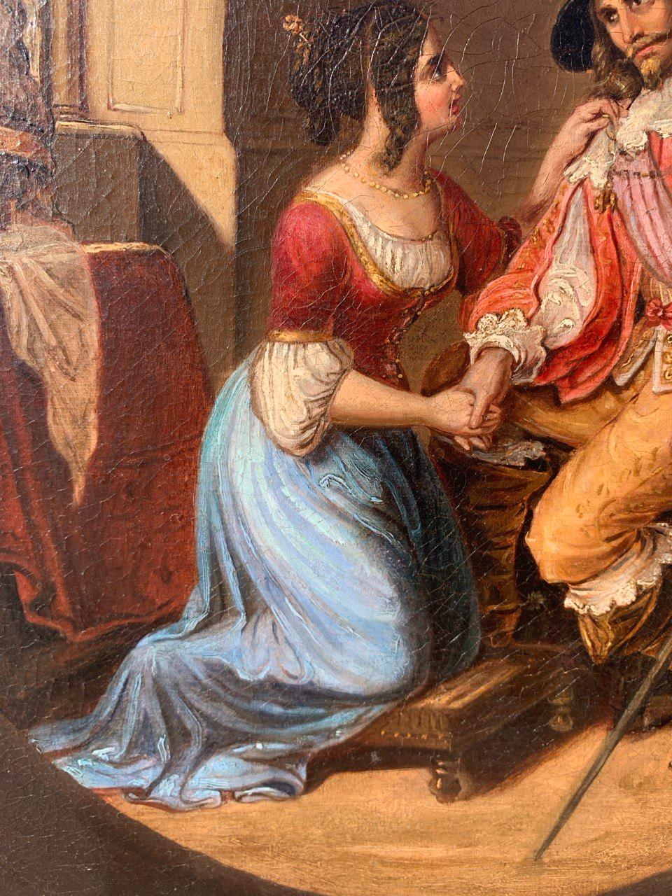 Romantic Italian painter - 19th century figure painting - Lady and Musketeer For Sale 9