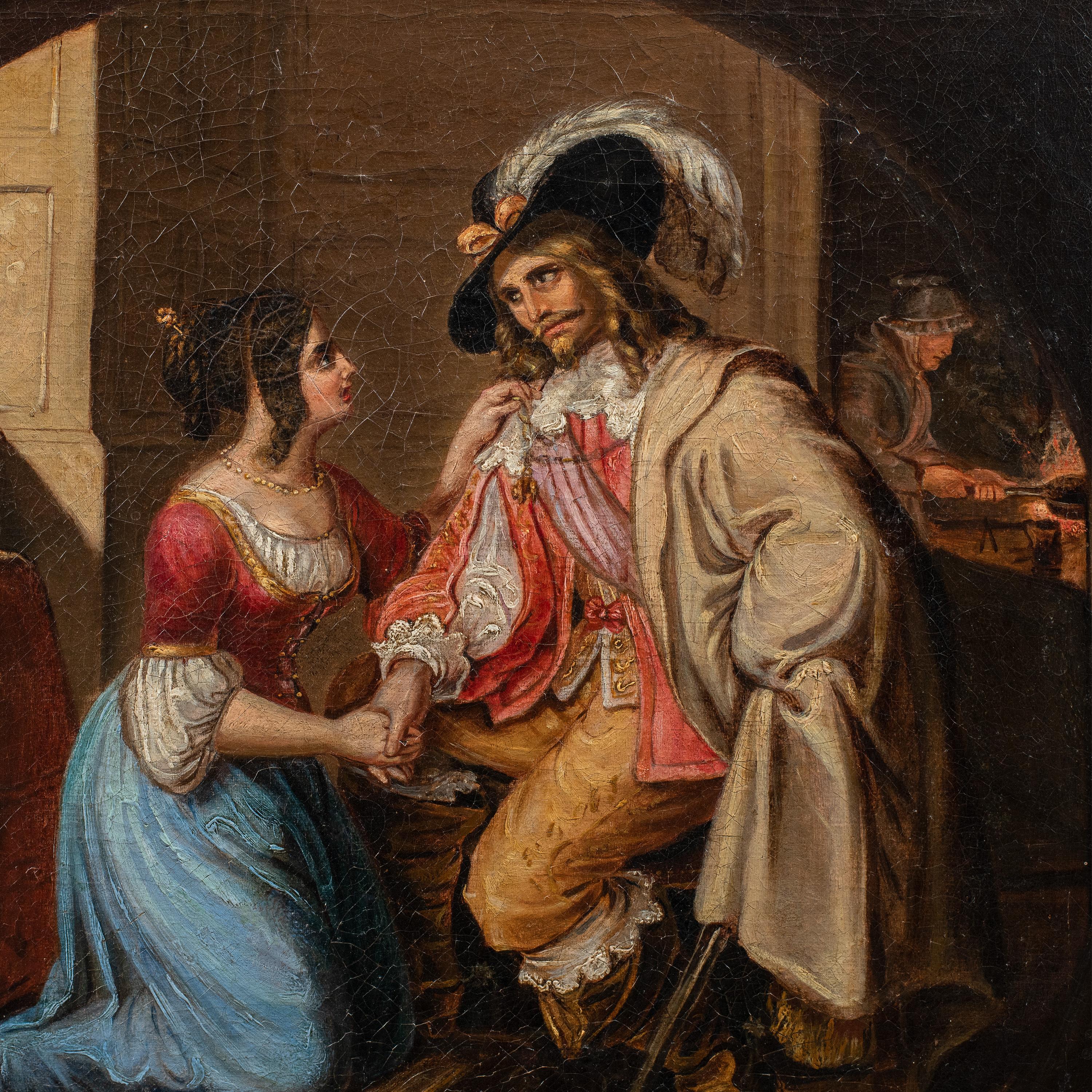 Romantic Italian painter - 19th century figure painting - Lady and Musketeer - Painting by Unknown