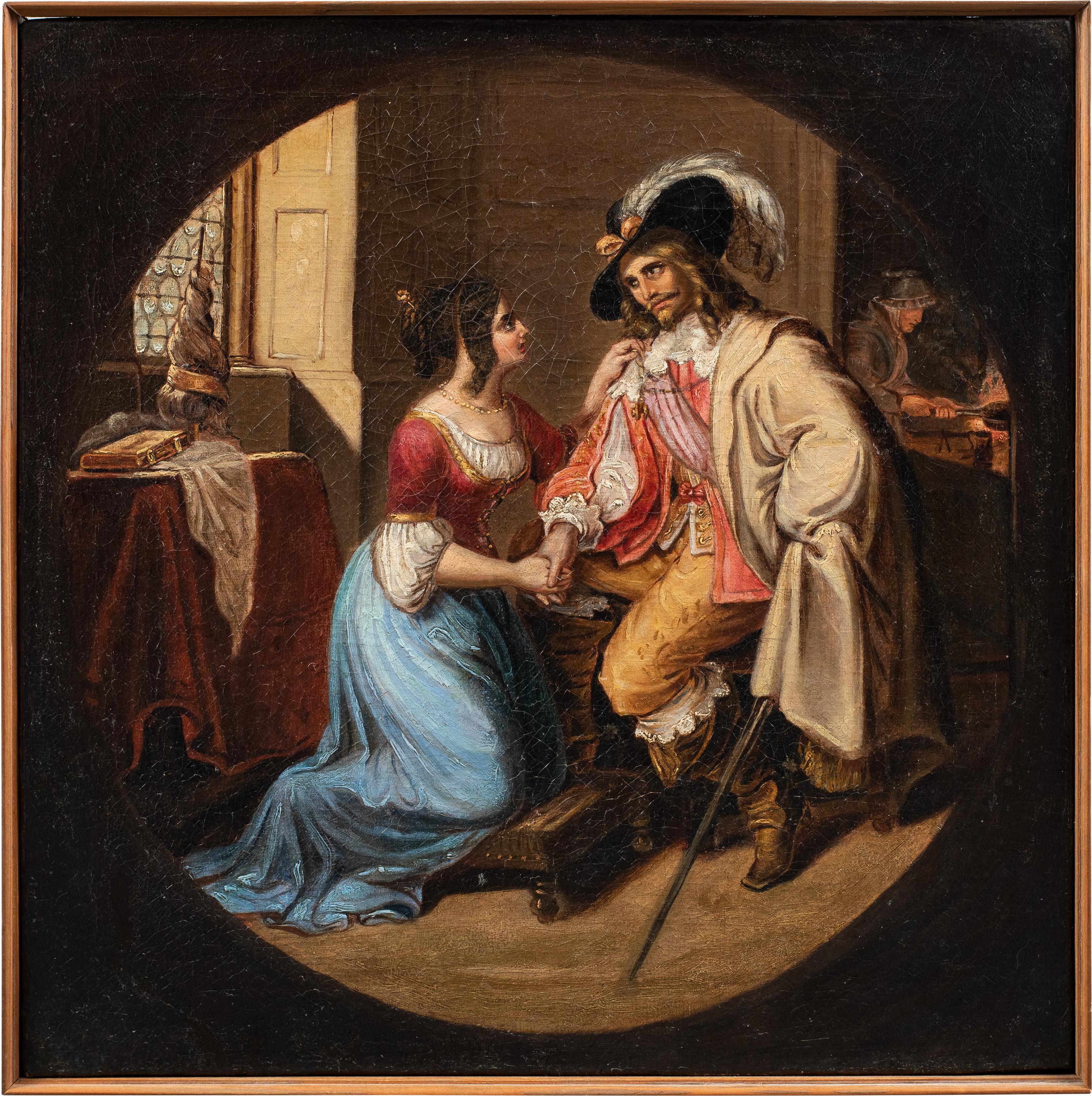 Italian Romantic painter (19th century) - Lady and Musketeer.

40.5 x 40.5 cm without frame, 42 x 42 cm with frame.

Oil on canvas, in wooden frame.

Condition report: Lined canvas. Good state of conservation of the pictorial surface, there are