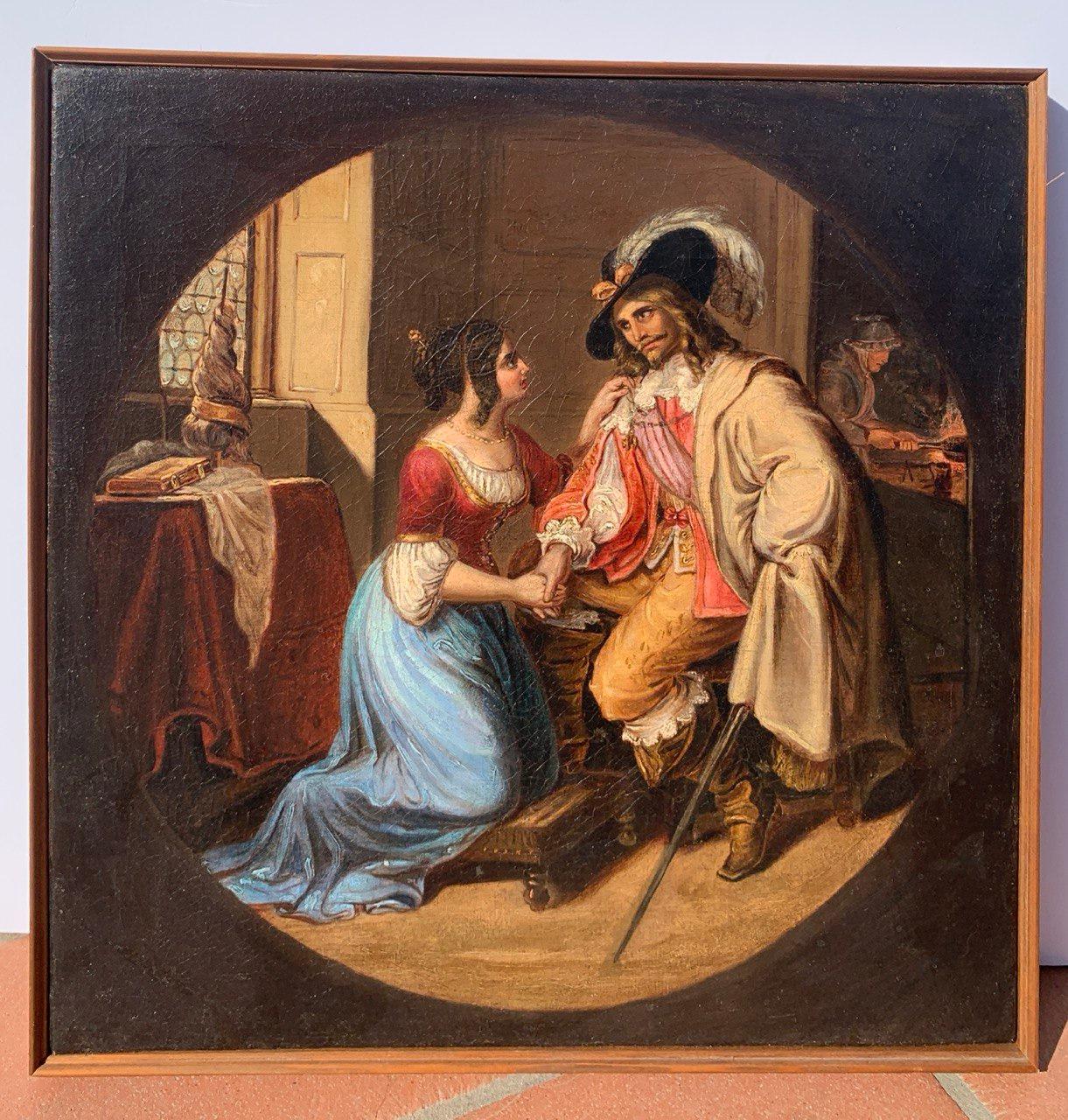 Romantic Italian painter - 19th century figure painting - Lady and Musketeer For Sale 1