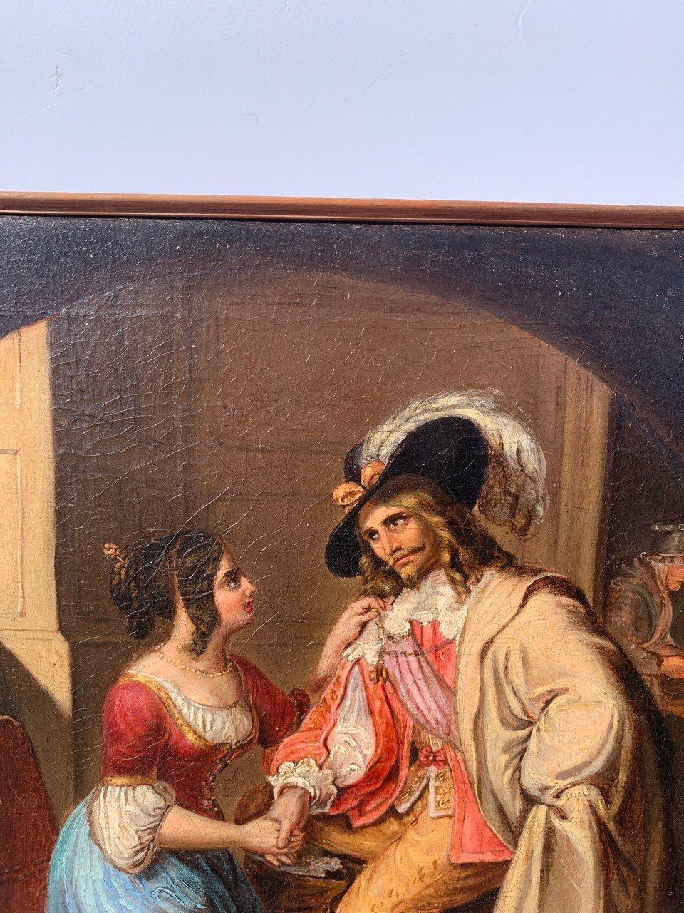 Romantic Italian painter - 19th century figure painting - Lady and Musketeer For Sale 2