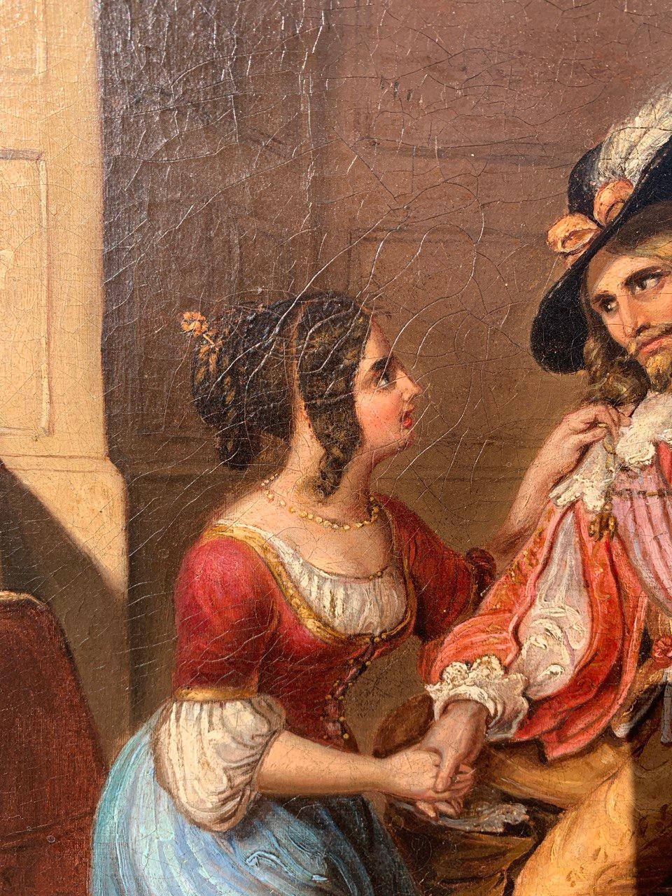 Romantic Italian painter - 19th century figure painting - Lady and Musketeer For Sale 5