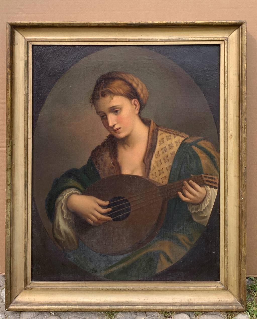 Romantic Italian painter - 19th century figure painting - Lutist - Oil on canvas - Painting by Unknown