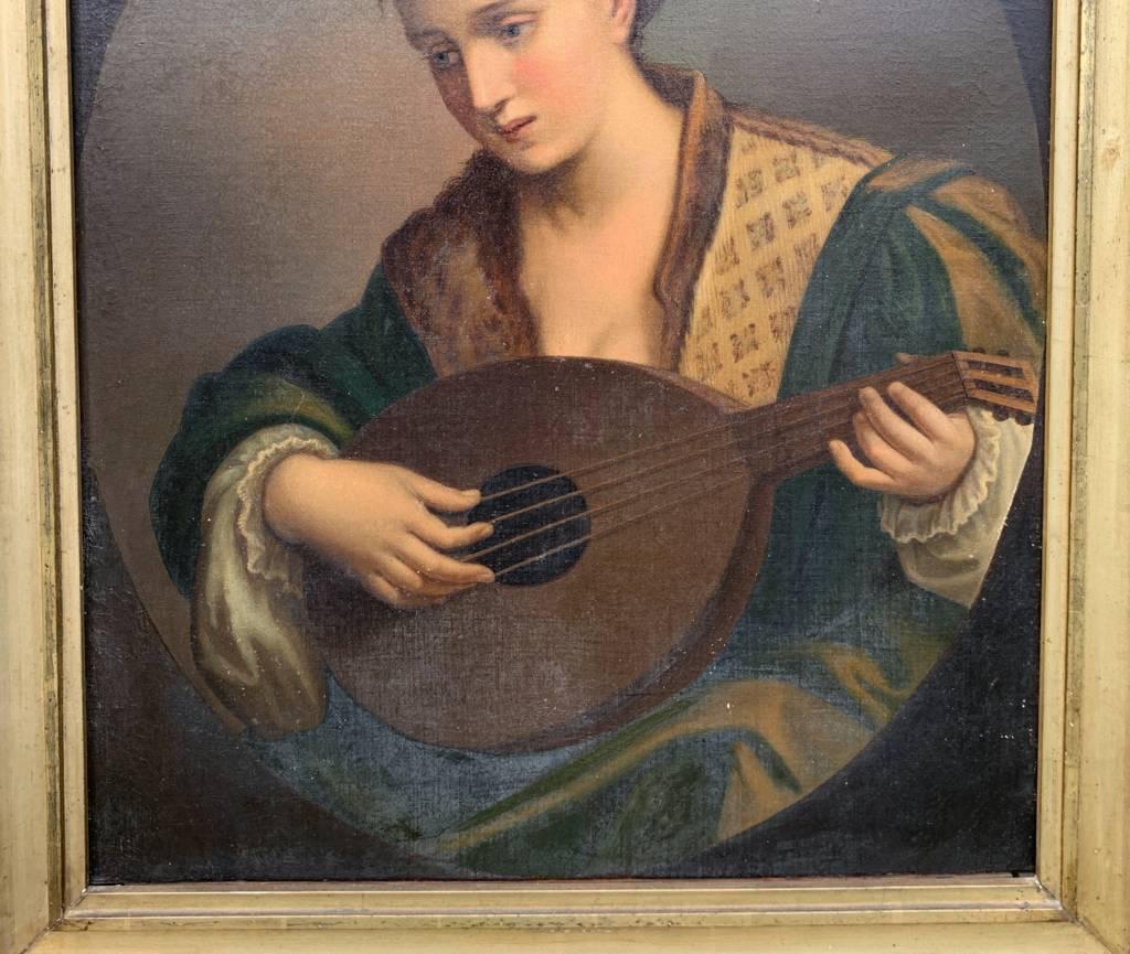 Romantic painter (19th century) - The Lutist.

72 x 57 cm without frame, 85.5 x 69.5 cm with frame.

Antique oil painting on canvas, in a gilded wooden frame.

Condition report: Original canvas. Good state of conservation of the pictorial surface,