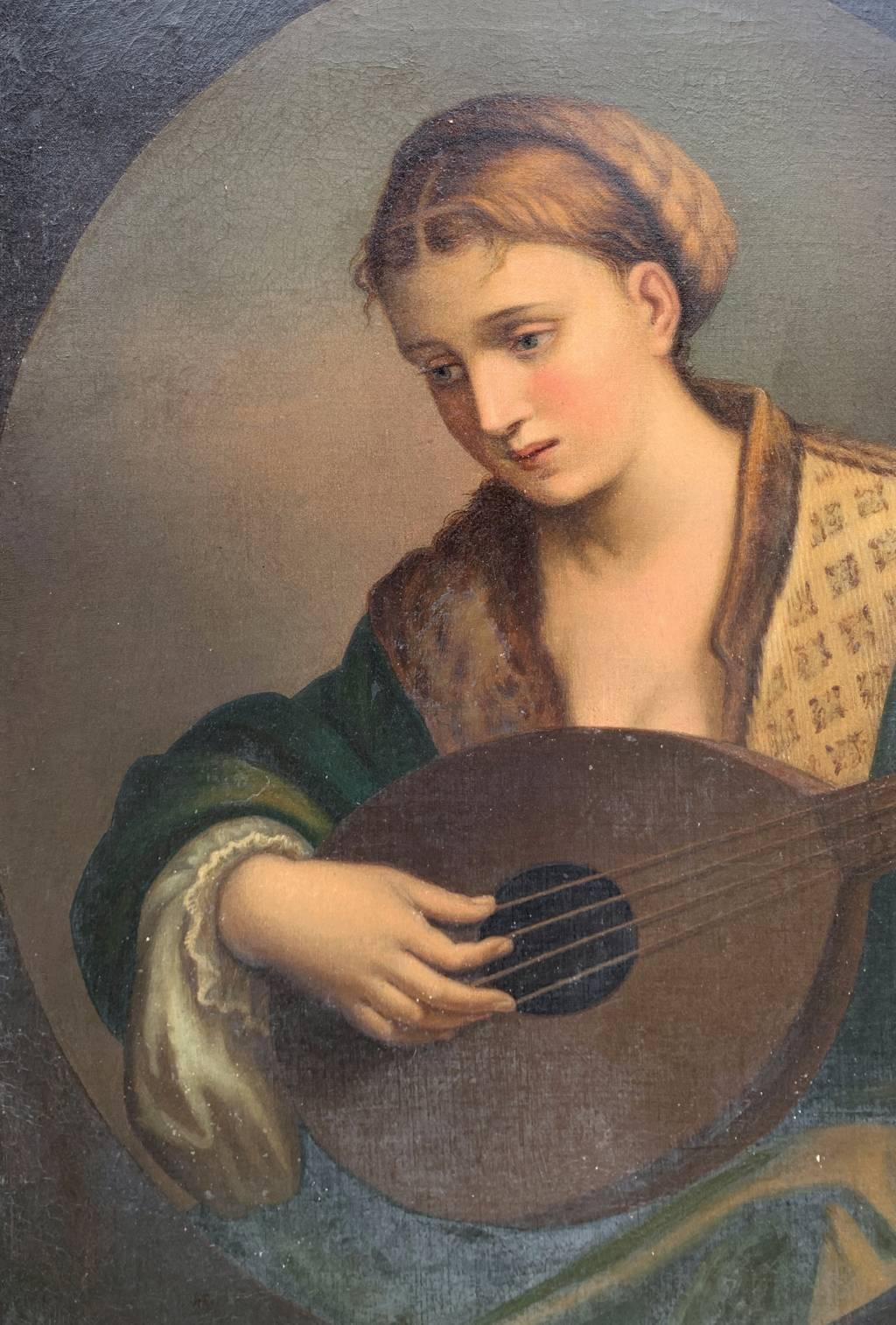 Romantic Italian painter - 19th century figure painting - Lutist - Oil on canvas For Sale 4