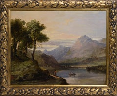 Romantic Lake Landscape British Master 19th century Oil painting Framed