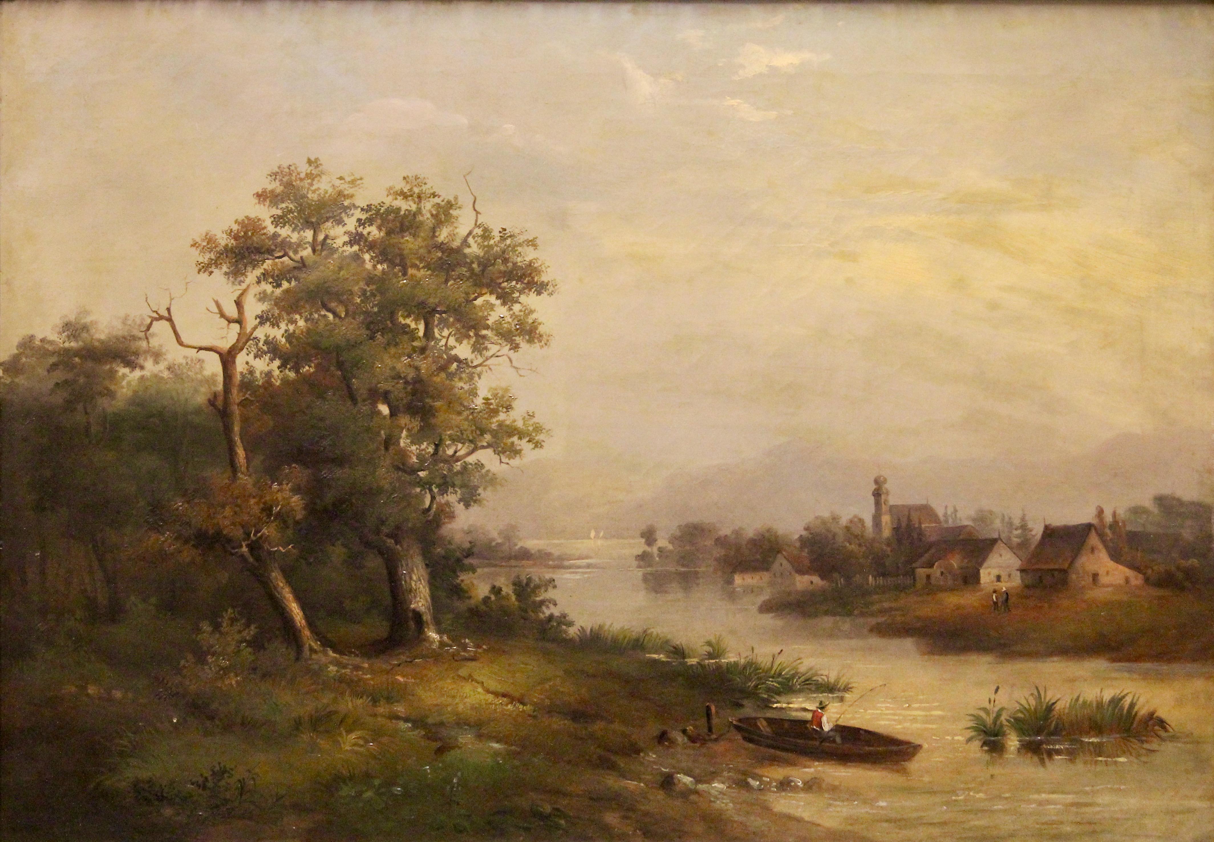 Vue d'un paysage romantique, huile sur toile. 19ème siècle.  - Painting de Unknown