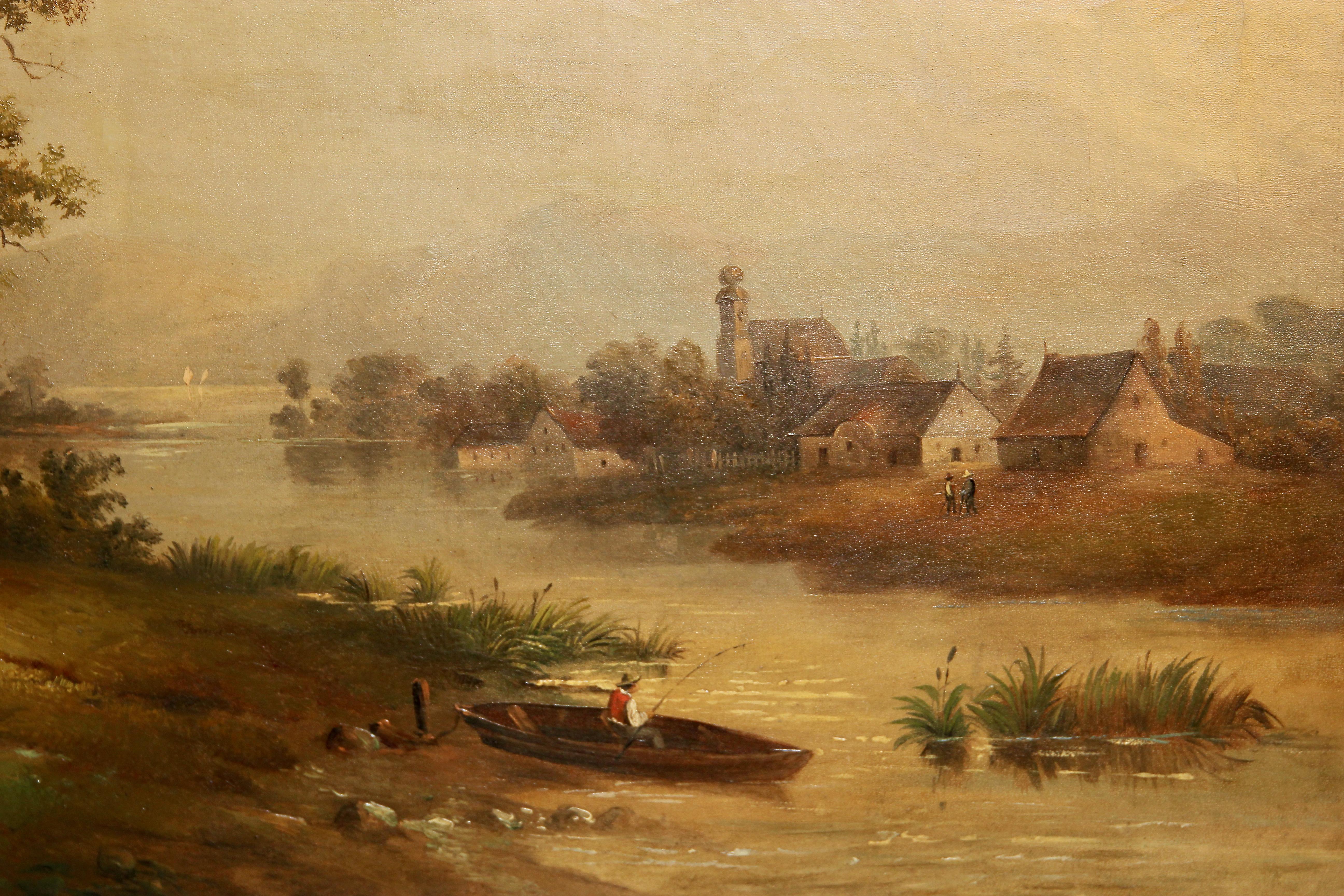 Vue d'un paysage romantique, huile sur toile. 19ème siècle.  - Marron Landscape Painting par Unknown