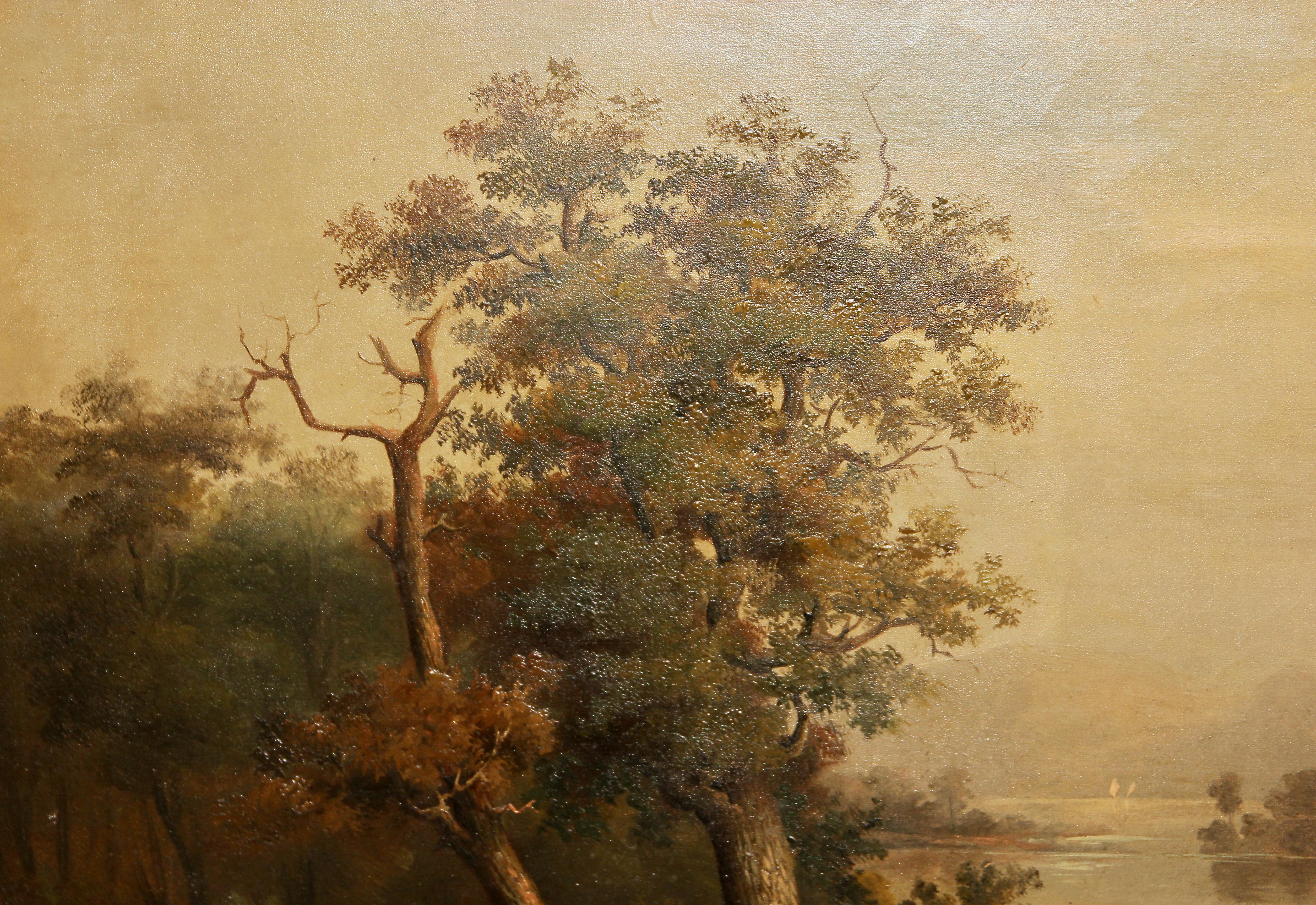 Vue d'un paysage romantique, huile sur toile. 19ème siècle.

Dimensions incluant le cadre 76.5cm x 100cm
Dimensions sans cadre 55.5cm x 79cm.