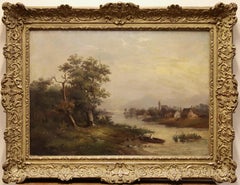 Antique Romantic Landscape View, Oil on Canvas. 19th Century. 