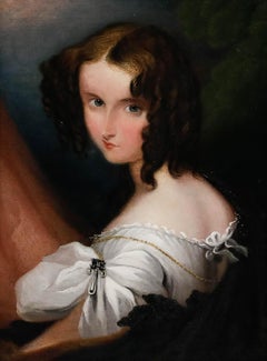 Romantic Mid 19th Century Oil - Portrait of a Young Lady with a Pearl Brooch