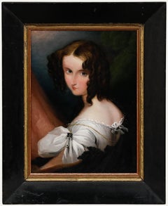 Romantic Mid 19th Century Oil - Portrait of a Young Lady with a Pearl Brooch