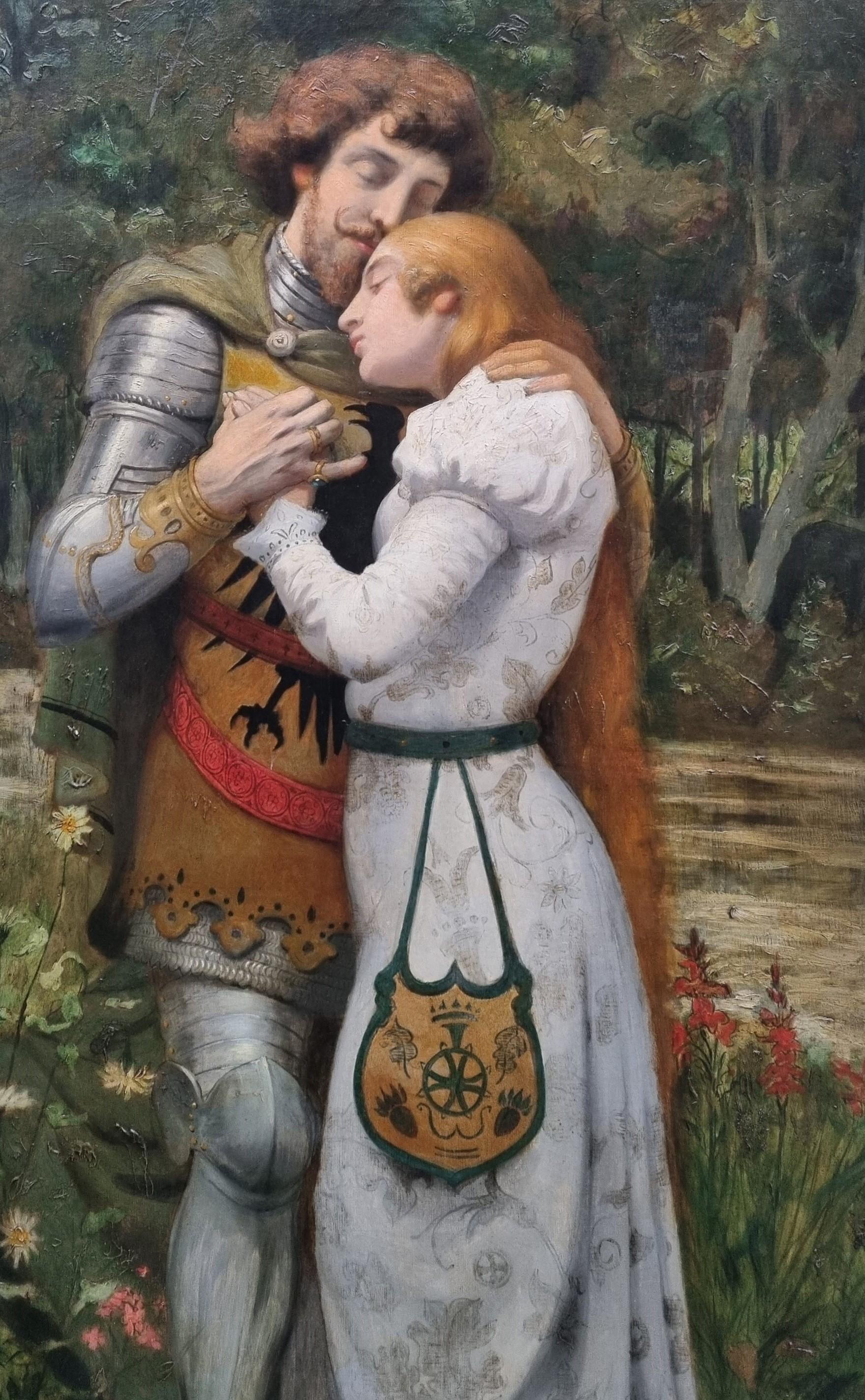 Pittura romantica Scuola francese Cavaliere medievale Dama Art nouveau XIX - Painting di Unknown