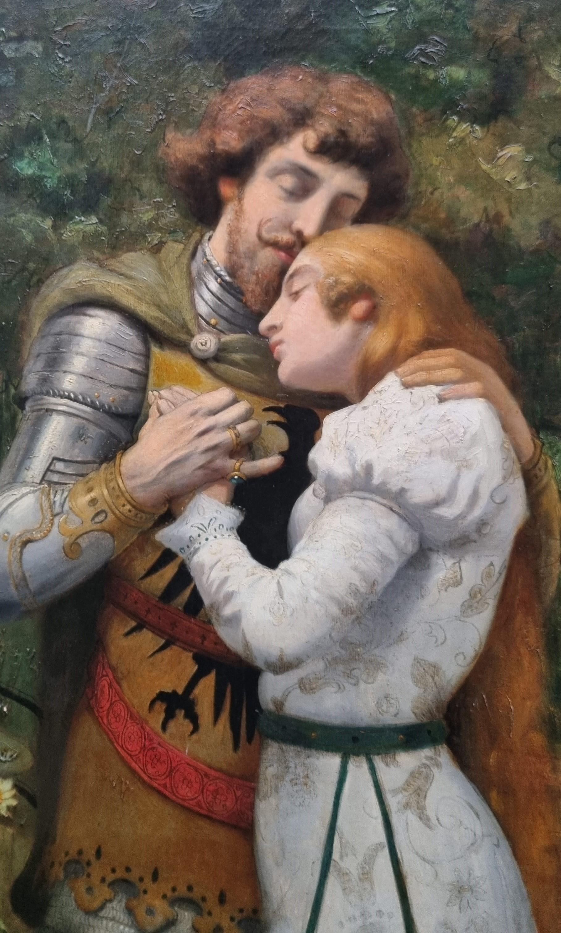 Pittura romantica Scuola francese Cavaliere medievale Dama Art nouveau XIX - Painting Art Nouveau di Unknown