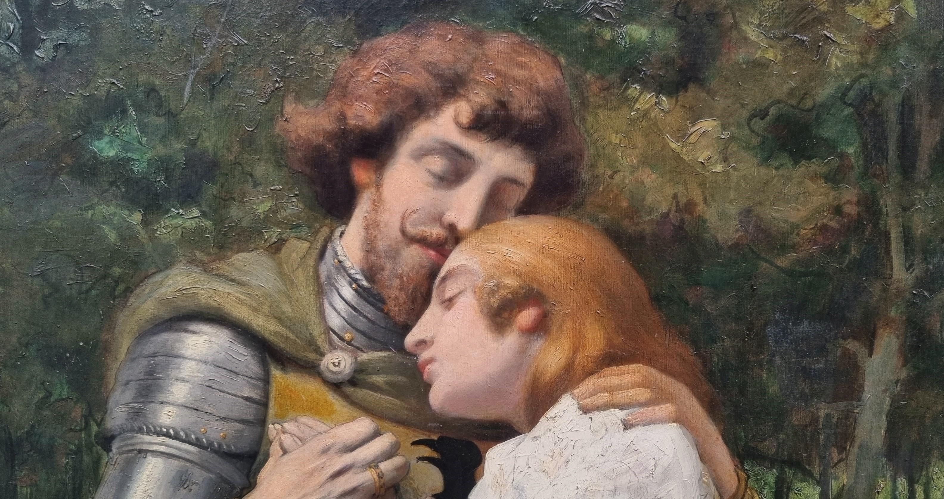 Pittura romantica Scuola francese Cavaliere medievale Dama Art nouveau XIX - Figurative Painting Nero di Unknown