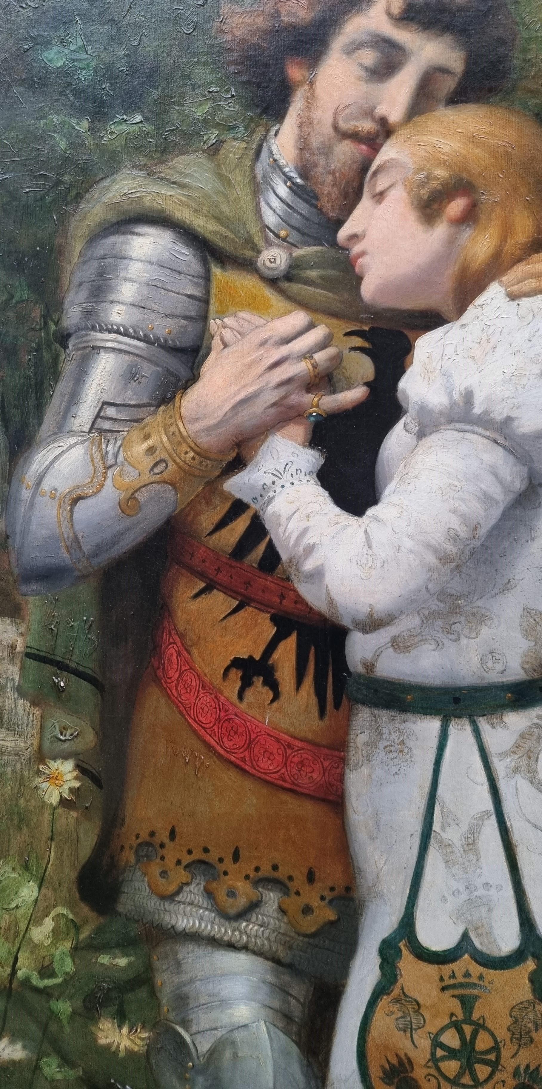 Pittura romantica Scuola francese Cavaliere medievale Dama Art nouveau XIX in vendita 1