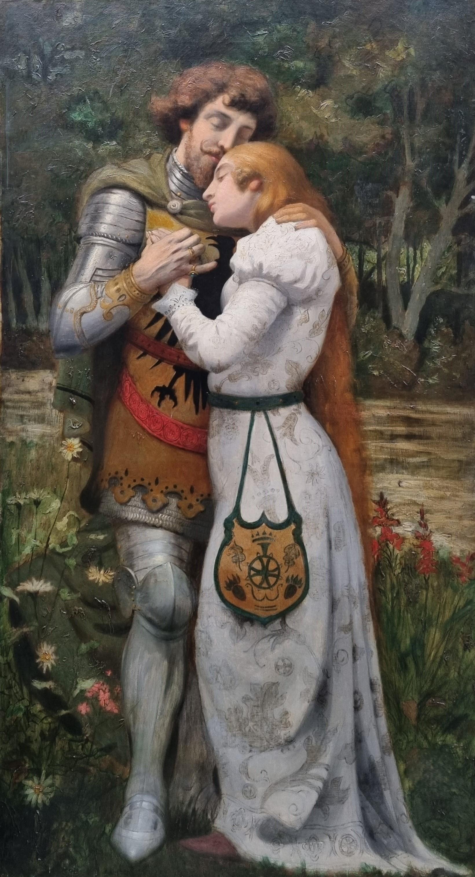 Figurative Painting di Unknown - Pittura romantica Scuola francese Cavaliere medievale Dama Art nouveau XIX