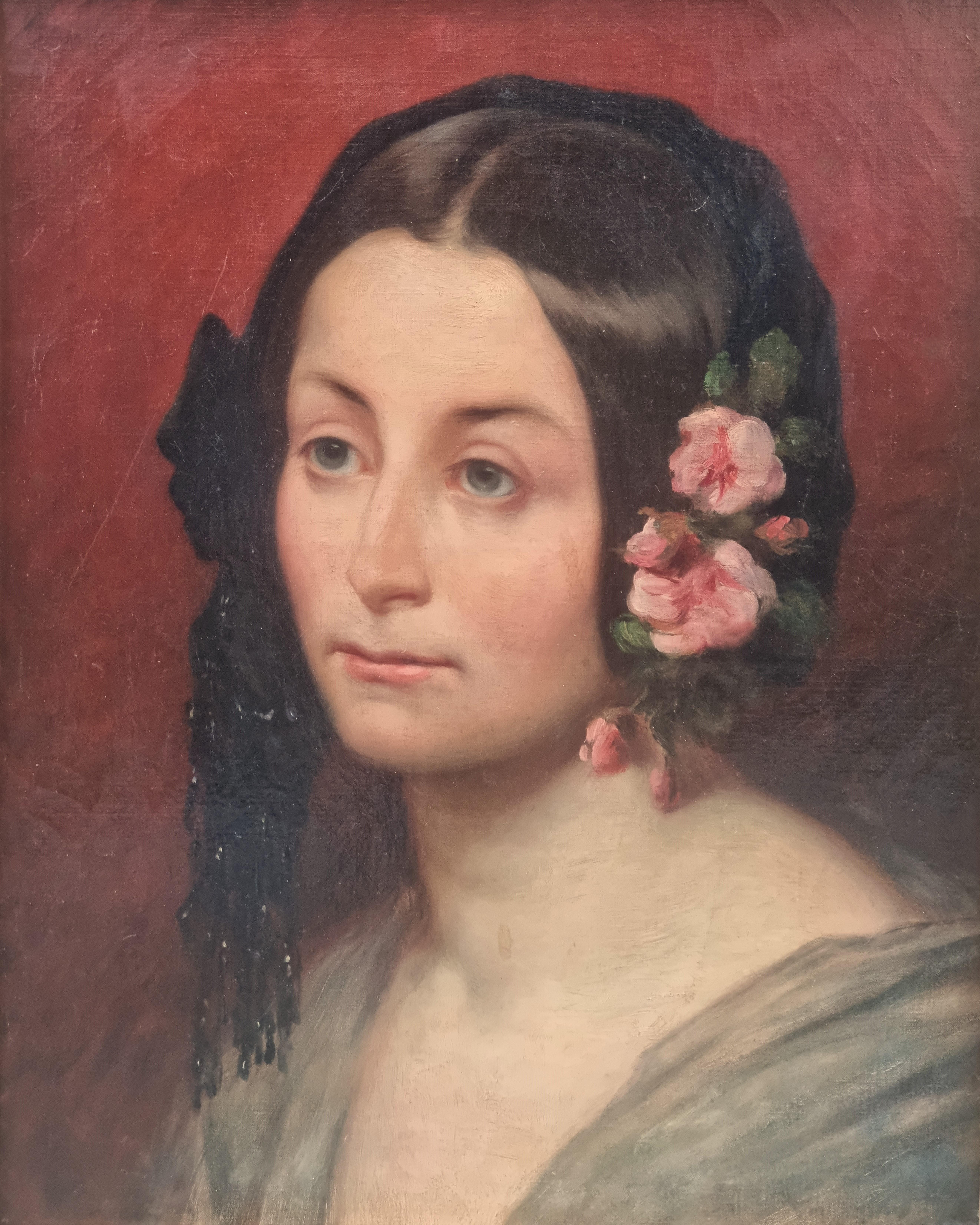 Unknown Portrait Painting - Romantic painting Portrait woman with flowers French mid 19th