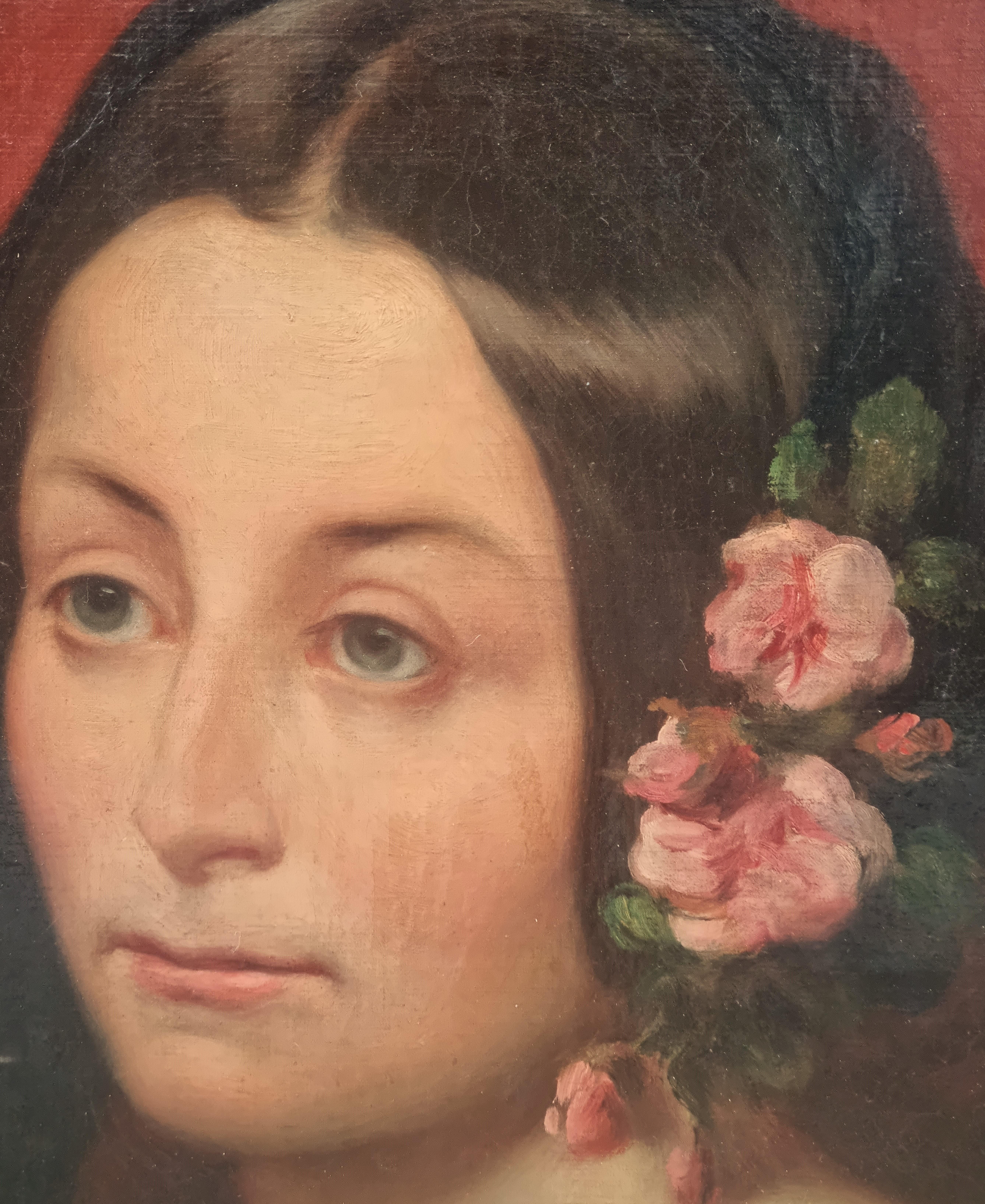Romantic painting Portrait woman with flowers French mid 19th - Brown Portrait Painting by Unknown