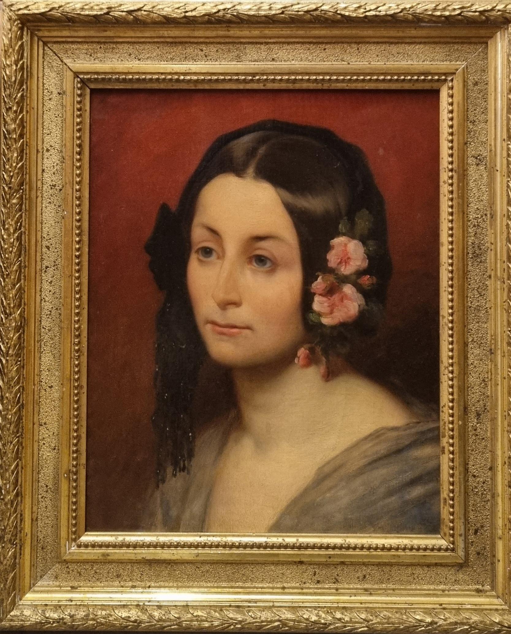 Romantische Malerei Porträt Frau mit Blumen Französisch Mitte 19. – Painting von Unknown