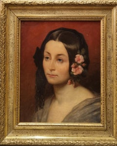 Romantic painting Portrait woman with flowers French mid 19th