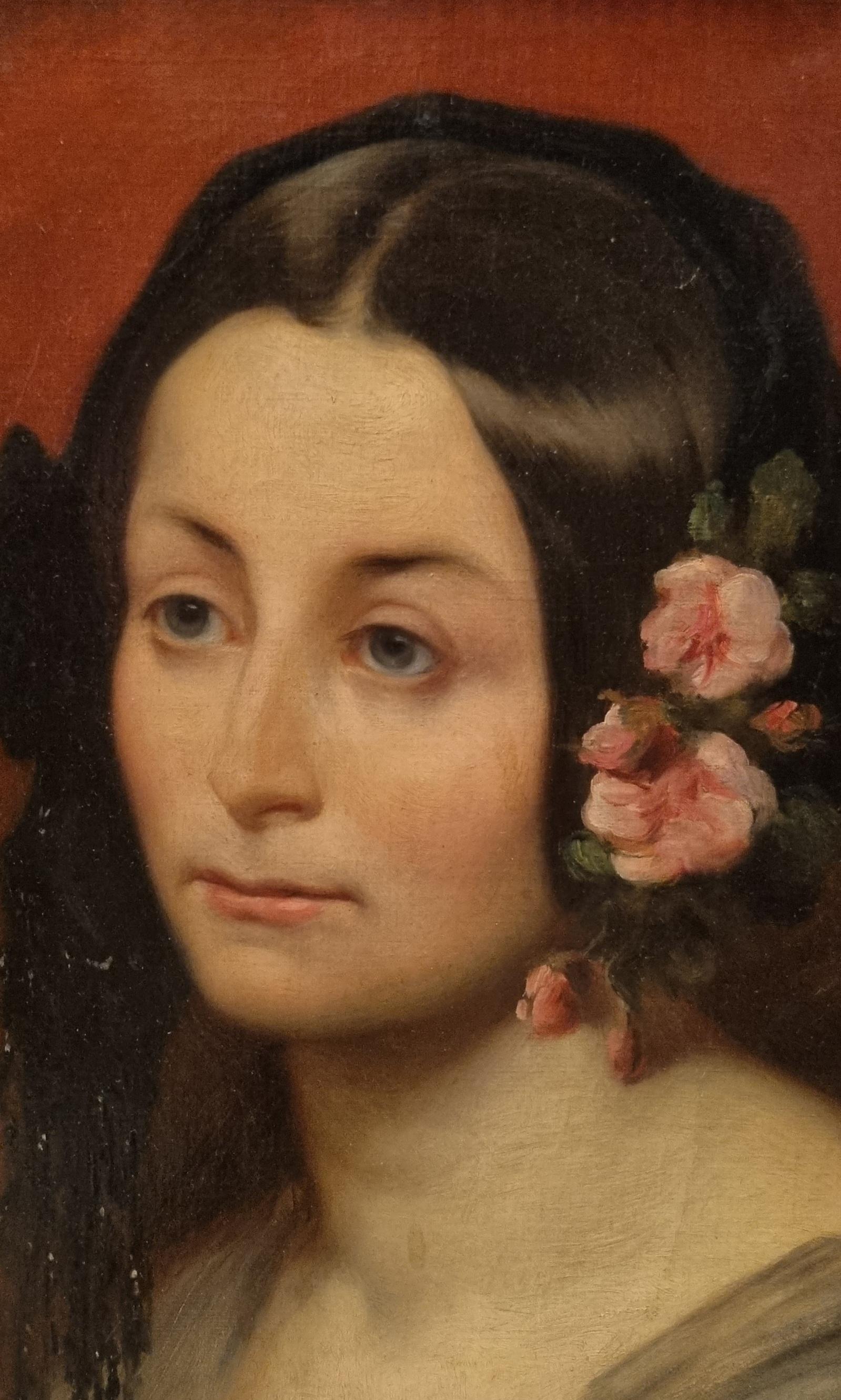 Romantische Malerei Porträt Frau mit Blumen Französisch Mitte 19. (Romantik), Painting, von Unknown