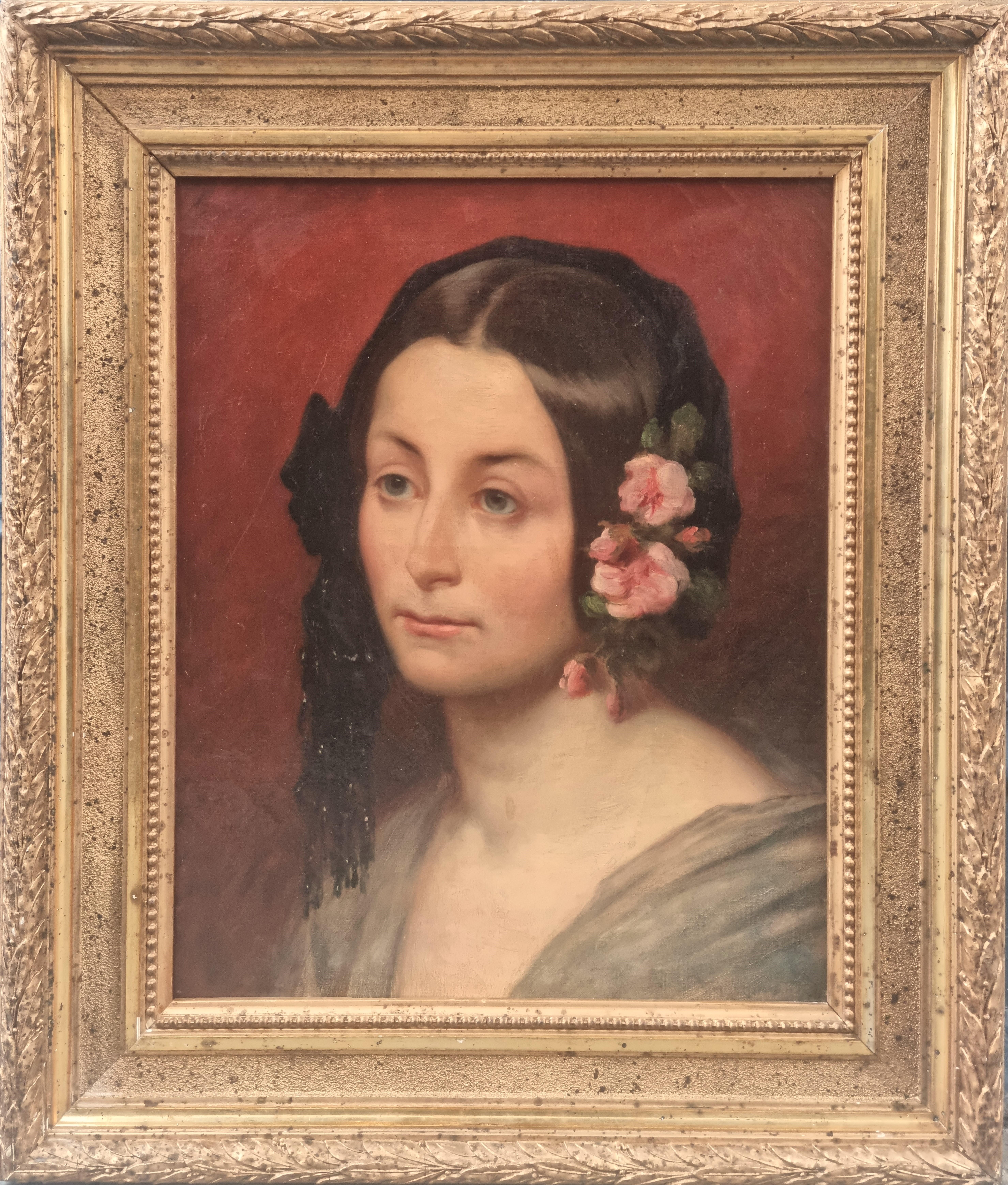 Romantic painting Portrait woman with flowers French mid 19th - Painting by Unknown