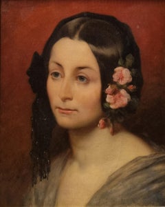 Romantic painting Portrait woman with flowers French mid 19th