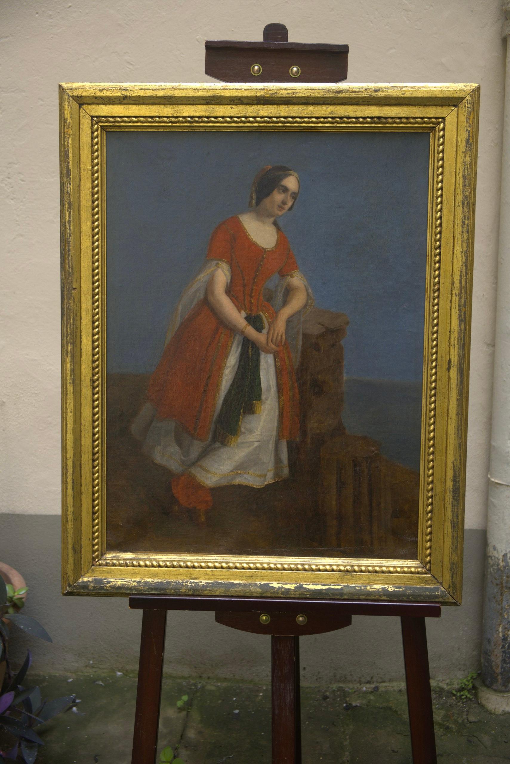 Romantisches Porträt einer Frau in orientalischer Kleidung zwischen griechischen Ruinen, um 1840 im Angebot 14