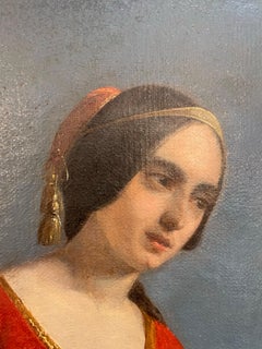 Romantisches Porträt einer Frau in orientalischer Kleidung zwischen griechischen Ruinen, um 1840