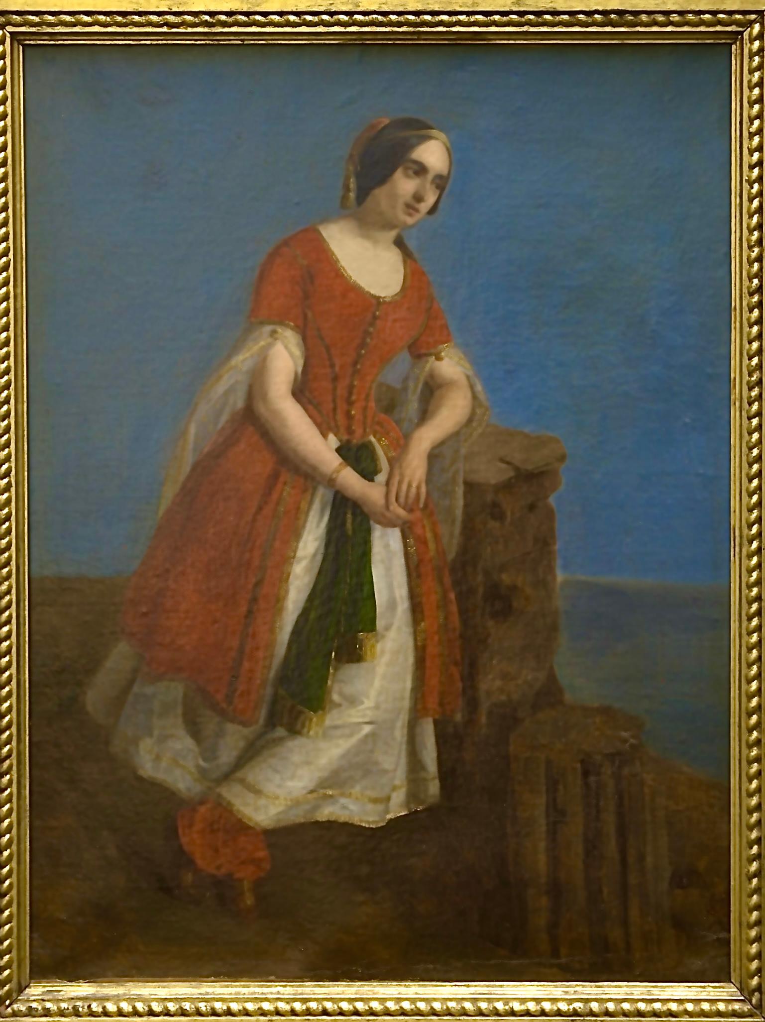 Unknown Figurative Painting – Romantisches Porträt einer Frau in orientalischer Kleidung zwischen griechischen Ruinen, um 1840
