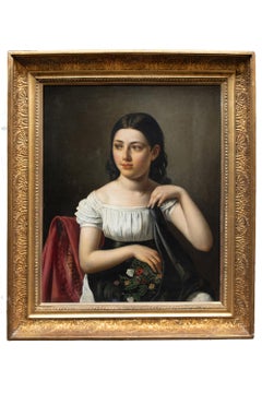 Romantic Portrait Of A Young Girl Holding Flowers.french School, Late 1820s