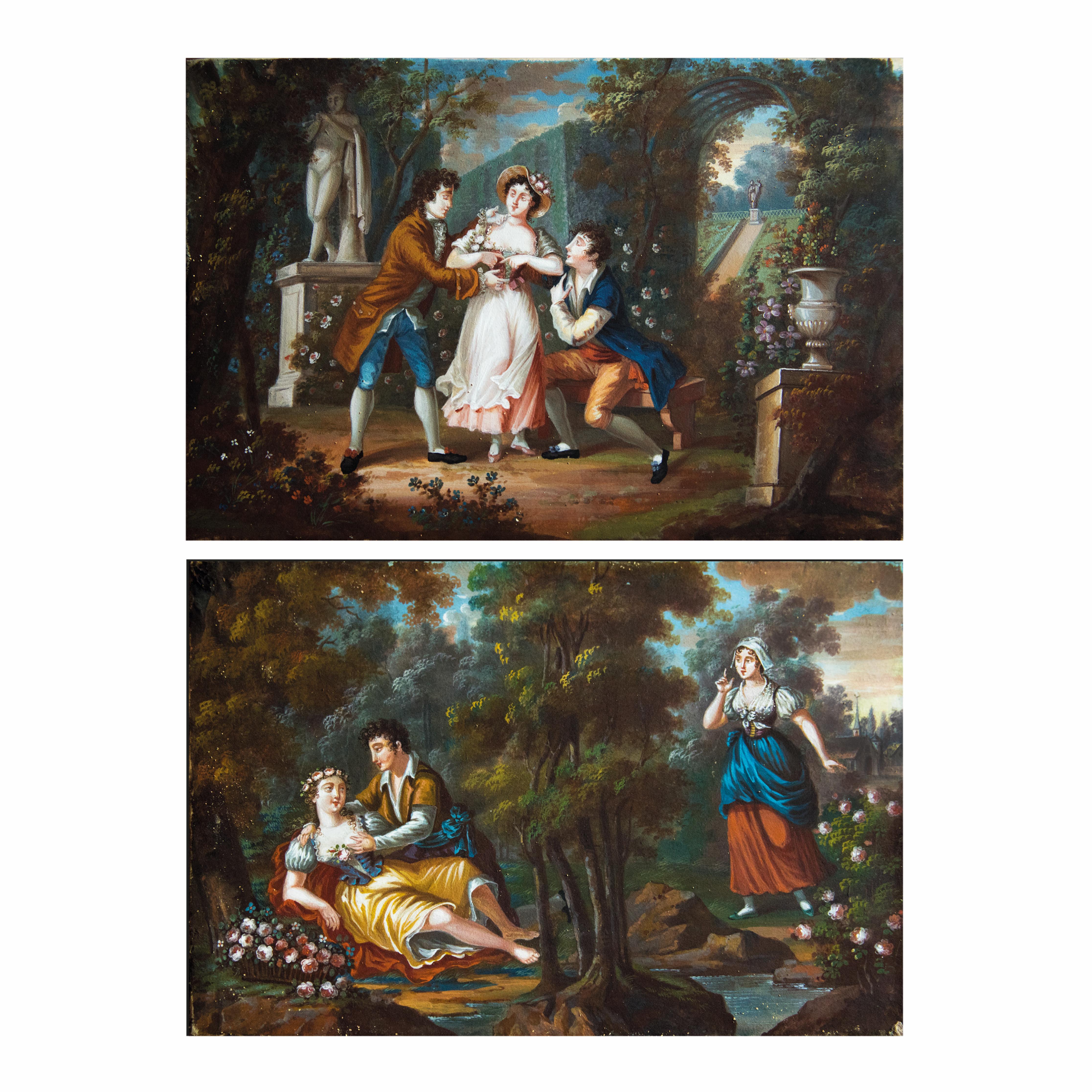 Unknown Landscape Painting - "Romantic scenes" — luigi XVI pair of french paintings